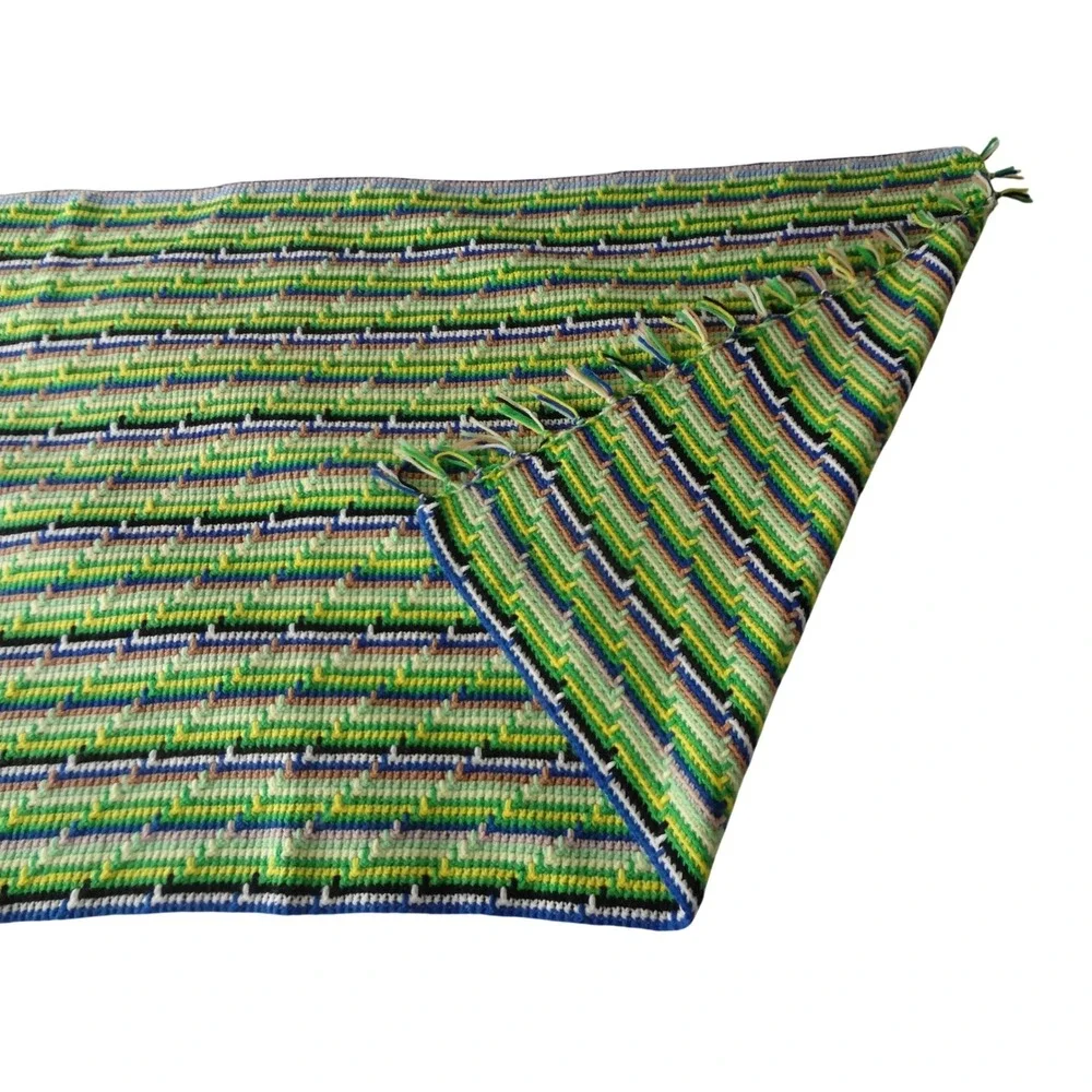 Unbranded Crochet Afghan Throw Blanket Green Blue Striped Boho EX